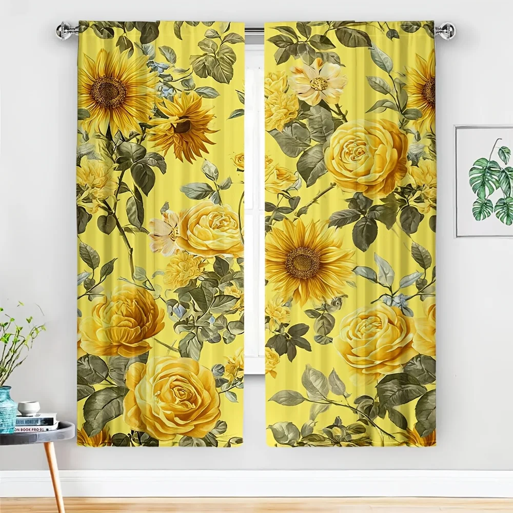 2pcs Sunflower & Rose Floral Curtains No Rod — Bright Yellow Background with Hand-Drawn Blooms, Sheer Polyester for Living Room,
