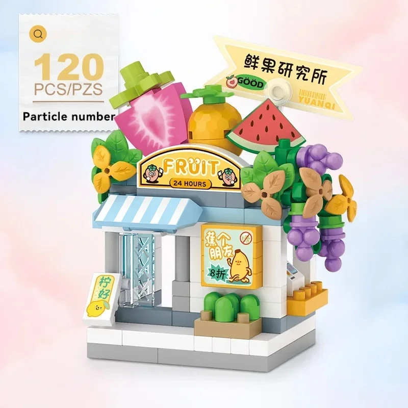 Diy bonito restaurante sobremesa pet loja de frutas vista rua comida casa blocos de construção kit tijolos modelo para crianças brinquedo menina menino presentes