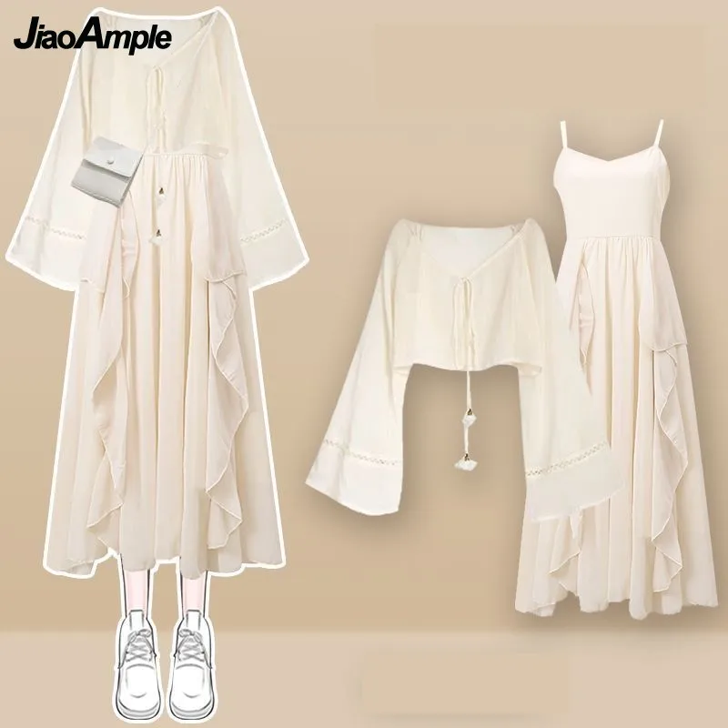 Women Summer New Dress Matching Set Korean Elegant Sunscreen Chiffon Shirt+Sexy Split Strap Skirt Two Piece Female Clothing Suit