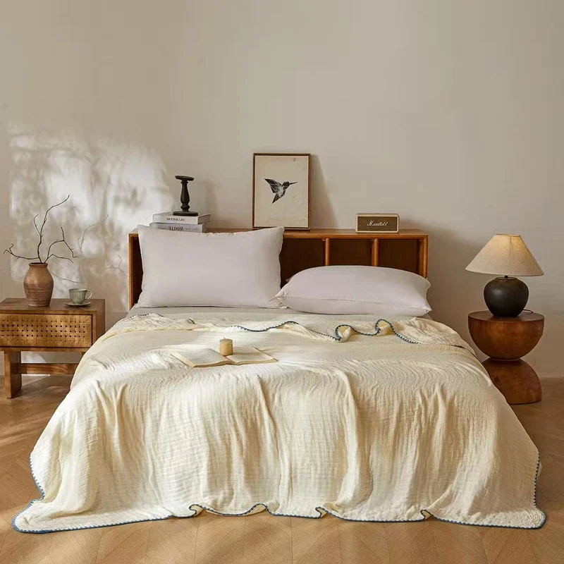 6-Layer Pure Cotton Gauze Blanket Throw Lace Milk White Breathable Bedding Sofa Cover for Baby & Adult Single Double Bed