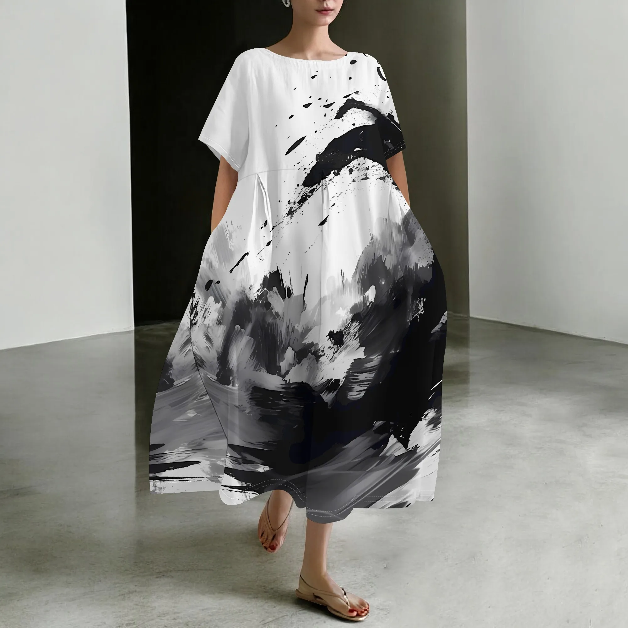 

Nupusa Standard Size Maxi Dress Ink Wash Print Short Sleeve Loose Dress