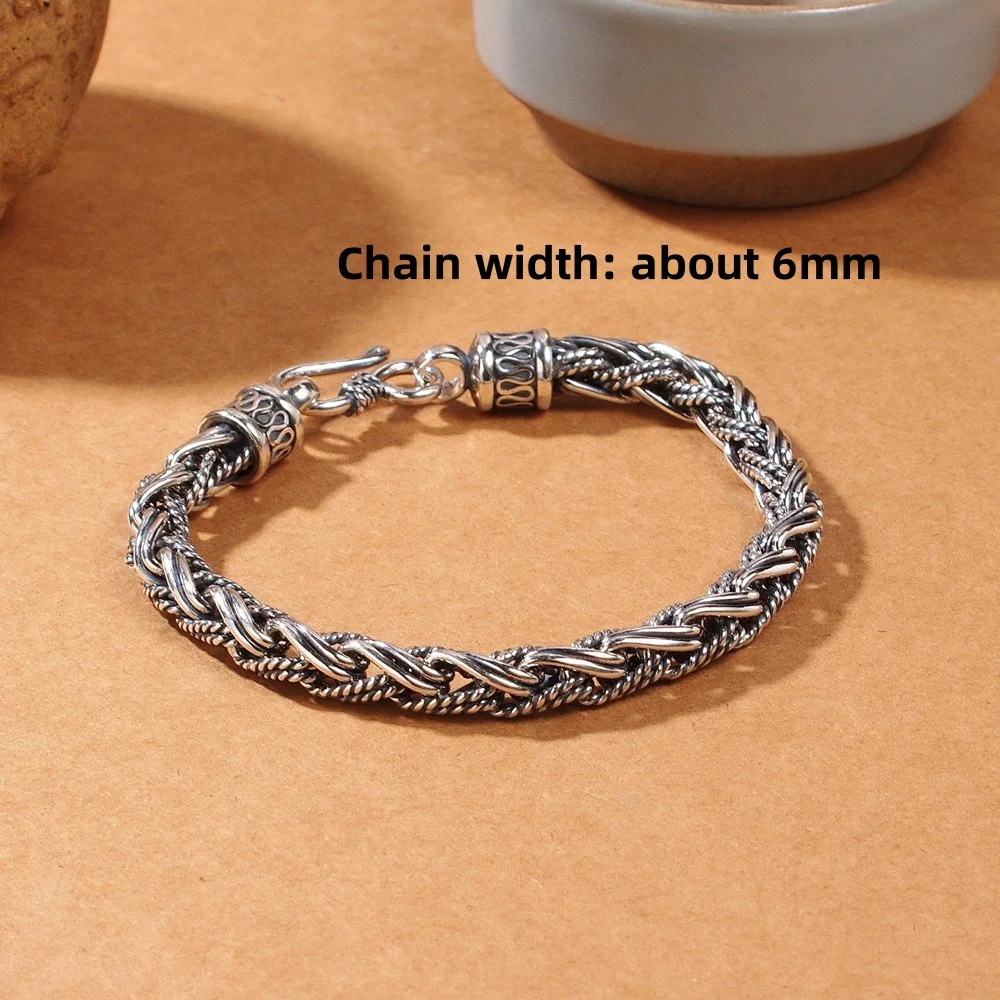 Vintage style S999 sterling silver bracelet necklace 6mm twine hand woven chain men's and women's personality punk jewelry