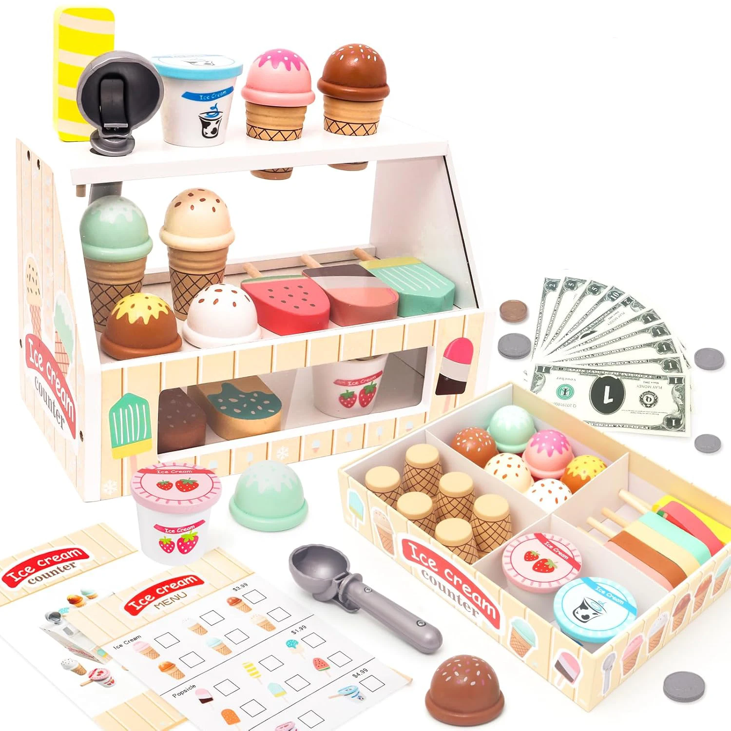 Wooden Ice Cream Toys for Toddler, Play Store Pretend Food Kitchen Accessories with Scoop & Menu & Toy Cash,Christmas Gift