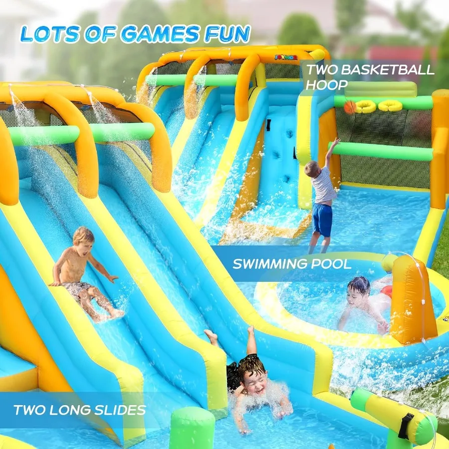 Toboggan gonflable 11 en 1 pour enfants dans l'arrière-cour avec 2 toboggans d'eau, 2 cerceaux de basket-ball, piscine, mur d'escalade, blasters d'eau, 1 min