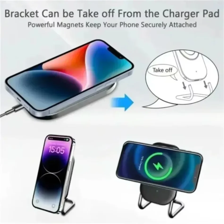 180° Foldable Magnetic Wireless Charger 2 In 1 Stand Pad 15W For iPhone 15 14 13 12 AirPods With Metal Ring For Android Phone