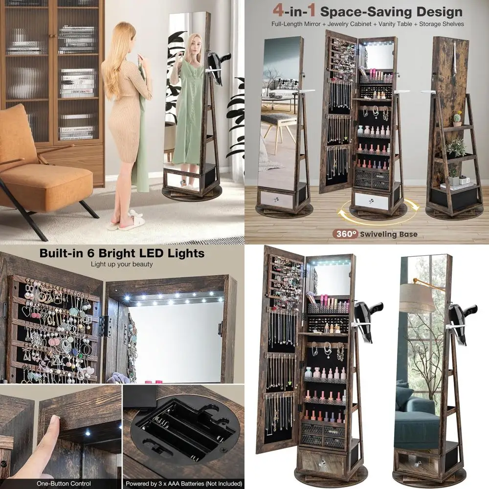 

Зеркальный шкаф для ювелирных изделий в полный рост со светодиодной подсветкой, запираемым хранилищем и держателем для фена в деревенском коричневом цвете