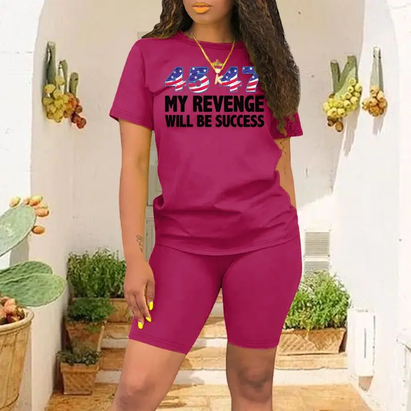 Women's Summer 45 47 Trump 2024 American Print Loose Casual Round Neck Short Sleeved T-shirt Shorts Two-piece Set