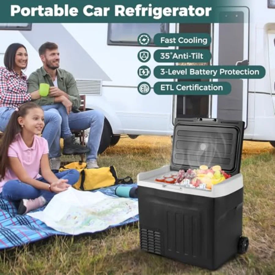 Portable Car Refrigerator, 42-quart black electric cooler freezer with adjustable -468 range, 12/24V DC 100-240V AC power, divi