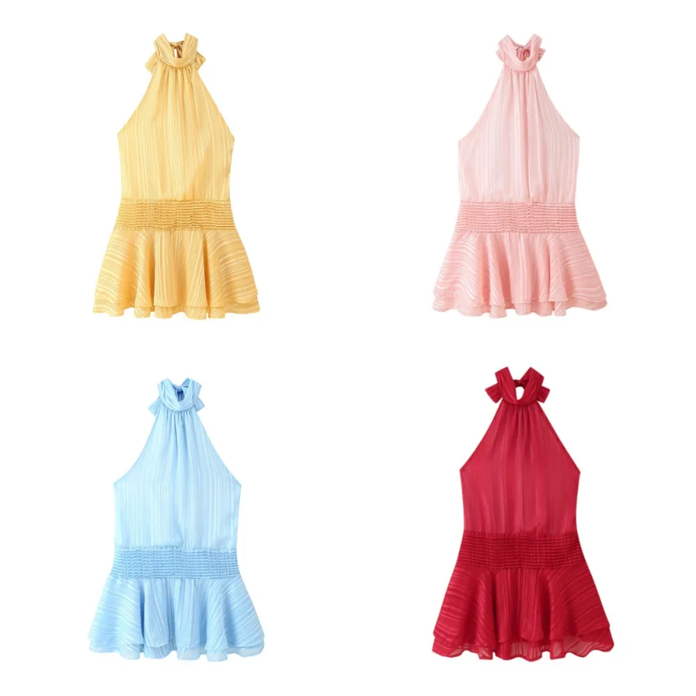 Summer Solid Scarf Collar Mini Dress Women's Elegant Sleeveless Ruffle Hem A-line Vestidos 2025 Female Chic Evening Party Gowns