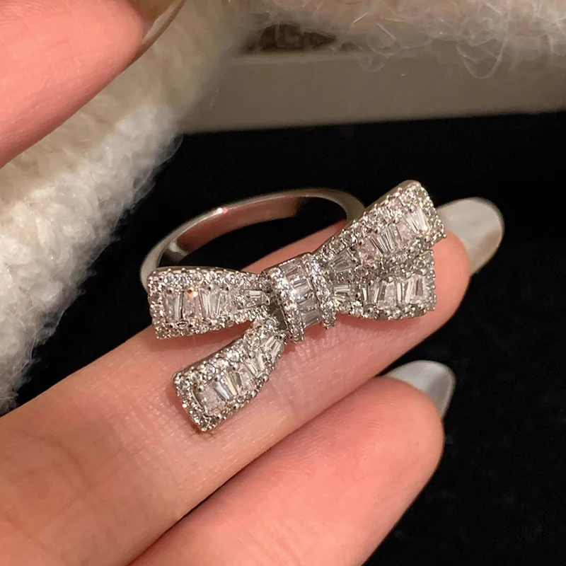 Foxanry Trendy Elegant Bow-knot Ring for Women Couples Sparkling Zircons Ring Wedding Party Jewelry Gifts