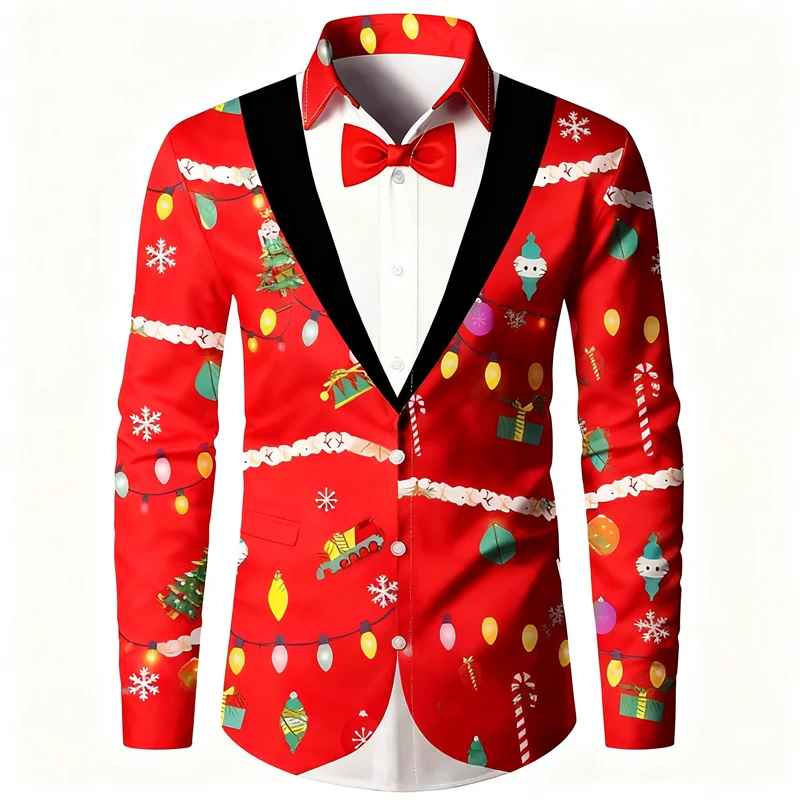 

Men's Christmas Themed Fake Suit Tailcoat Printed Shirt Christmas Pattern Long Sleeved Fashionable plus Size Men's Shirt