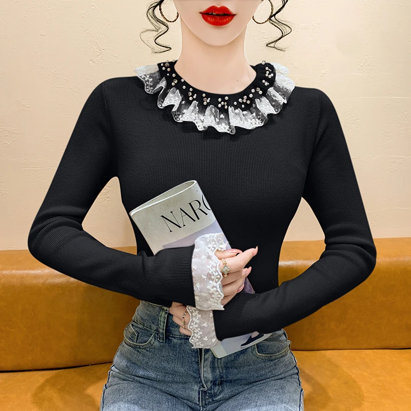 

French Sle Lace Patchwork Diamond Knitted Sweater Women's Autumn Winter Slim Fit Inner Wear Base Layer Sweater Ele Yout...