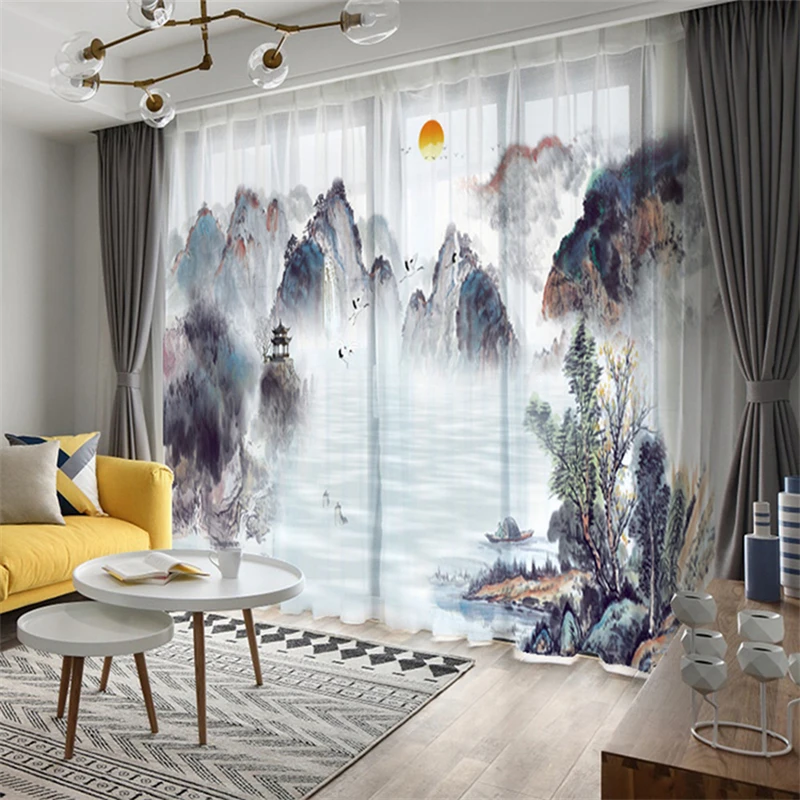 Custom Chiffon Sheer Curtain Window Drape for Bedroom Living Room Mountain Hill Trees River Boat Sunrise Landscape