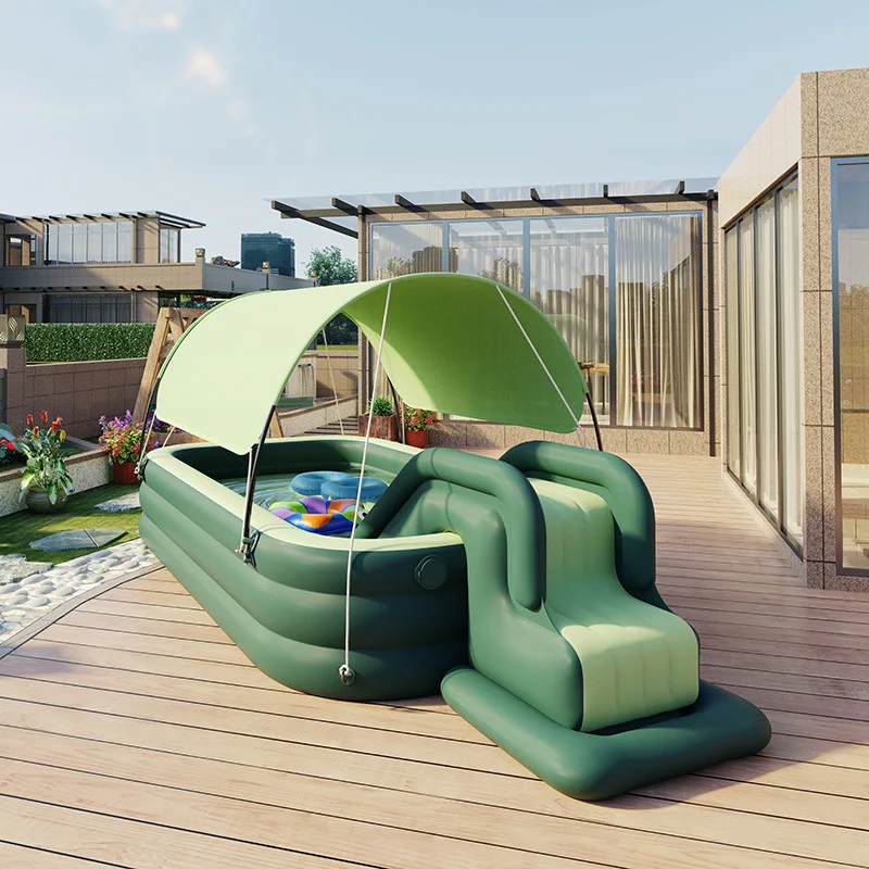 Thickened PVC Foldable Kids Pool, Automatic Inflatable Rectangle Pool with Sunshade & Slide