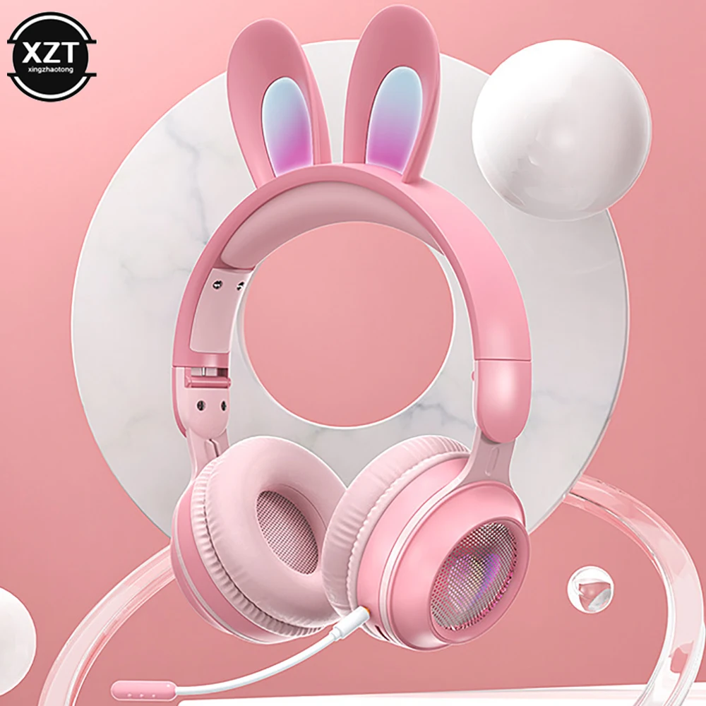 Cute Cartoon Rabbit Ear Wireless headphones with Microphone Stereo Music Bluetooth Earphones with LED Light Game Headset fone