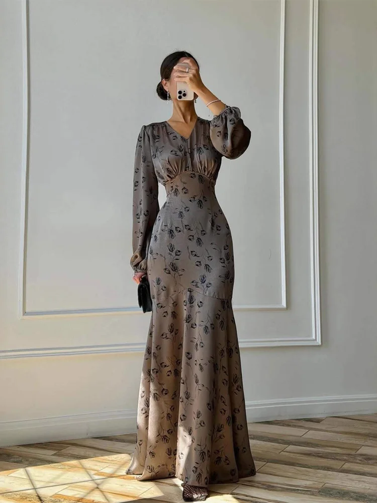 브이넥 플로럴 롱 드레스 여성 패션 긴 소매 허리 조임 하이웨이스트 새틴 맥시 가운 2026 여성 이브닝 파티 드레스