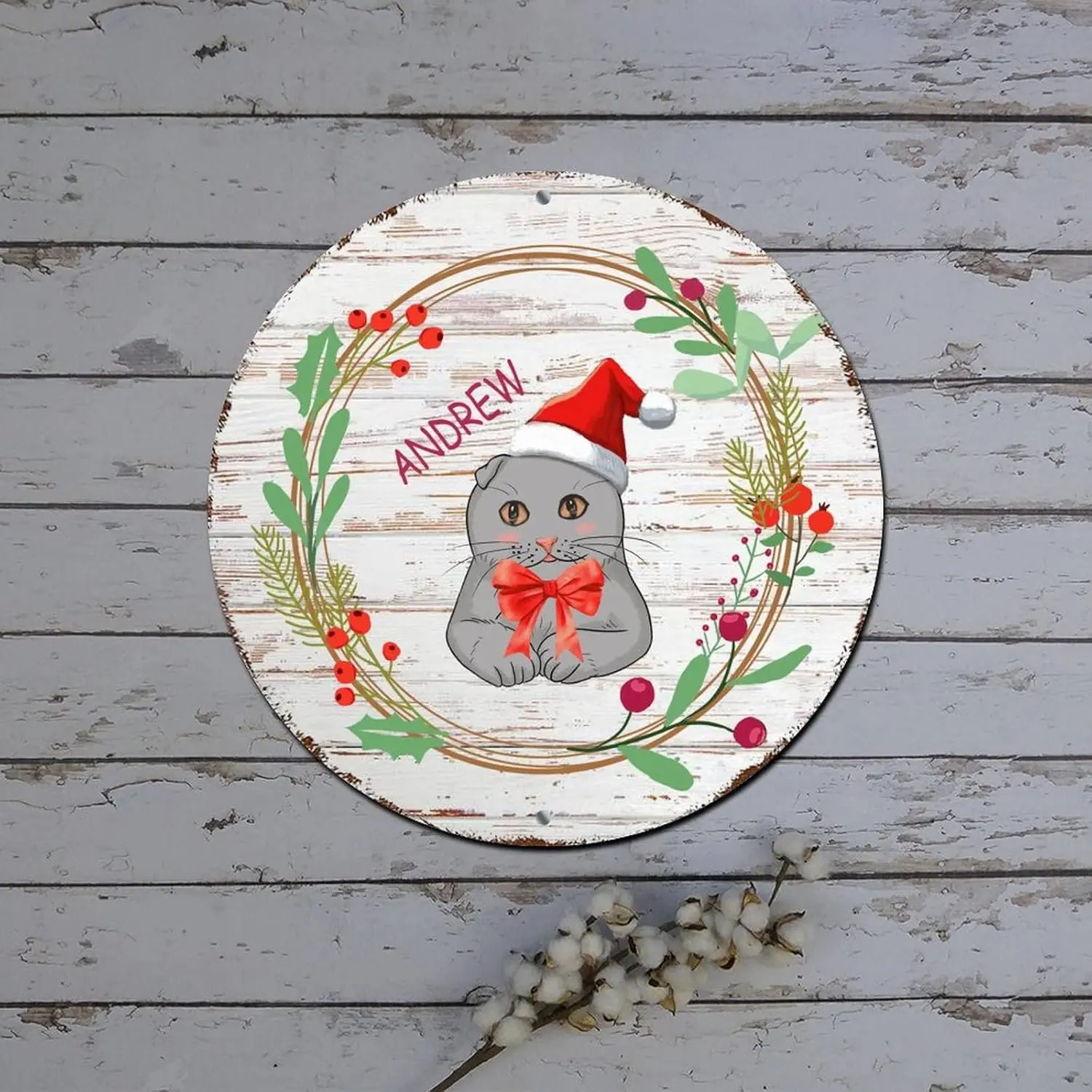 Metal Tin Christmas Signs Custom Cat Name Holly Wreath Round Metal Tin Sign Christmas Decorations Wreath Shabby Metal Sign for F