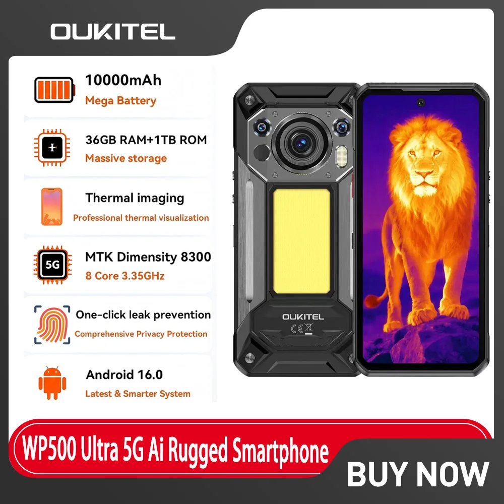 OUKITEL WP500 Ultra Rugged Smartphone AI Thermal Imaging Camera Privacy Button Dimensity 8300 108MP 10000mAh 36GB 1TB IP68