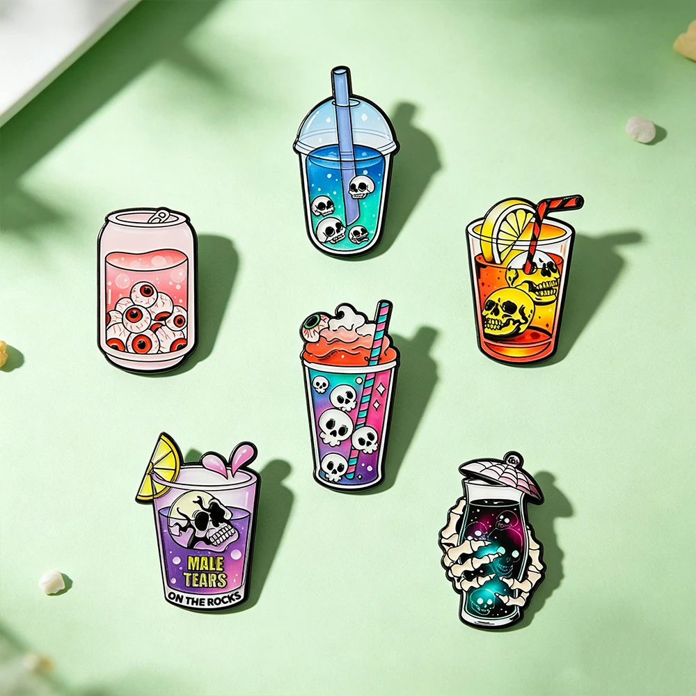 6pcs Cool Halloween Enamel Pin Collection Spooky Skull Eyeball Soda Milk Tea Cup Metal Brooches Gothic Accessories Gift
