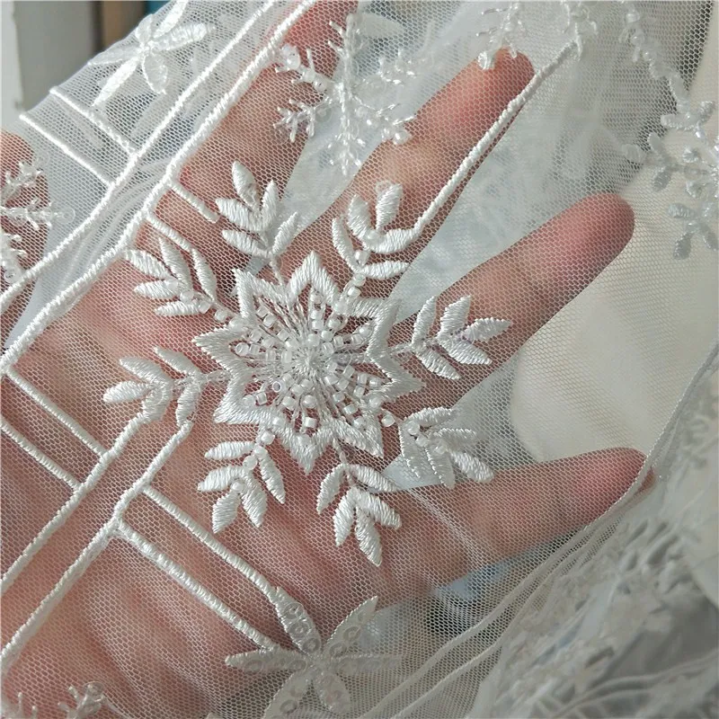 1yards high-grade sewn beads sequins snowflake embroidery mesh lace fabric wedding dress clothing designer fabric for patchwork