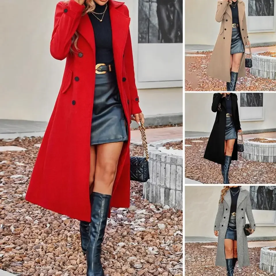 Autumn Winter Large Size Womens Double Breasted Solid Color Coat Korean Slim Female Womens Long Casual Overcoat