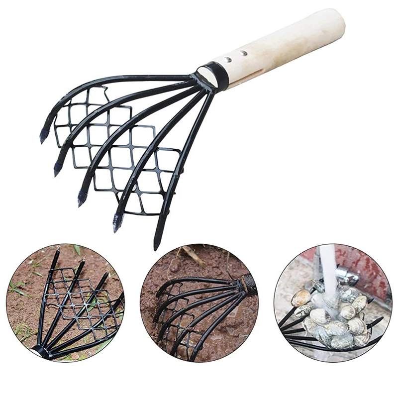 

Clam Rake With Net 5 Claw Wood Handle Rake Shell Digging Tool Dig Seafood Accessories Weeding Farming Tool Wood Handle Pitchfork