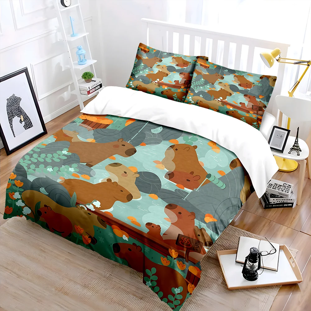 Capybara hot spring with orange Bedding Set for Kids Luxury Gift 3pcs Digital Print Comforter Set Soft Comfortable Breathable