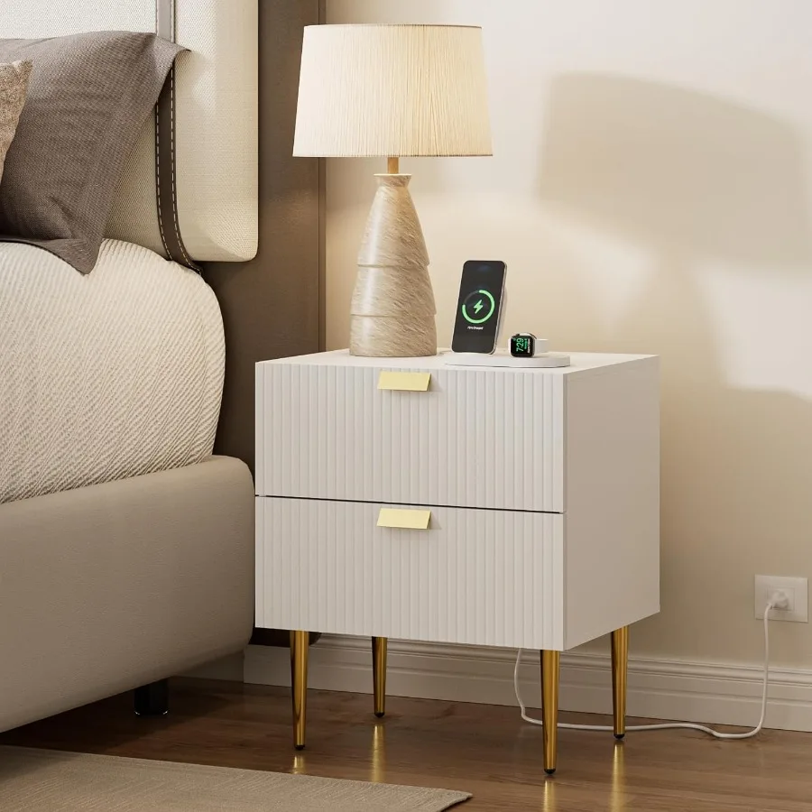 Large fluted nightstand with builtin charging station and outlet midcentury modern design end table for living room or bedroom