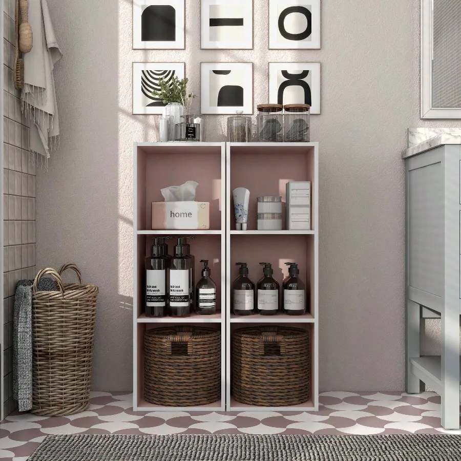 3 - Cube Stackable Wood Light Pink Bookcase for Living Room Study Office Space Saving Storage Organize Books