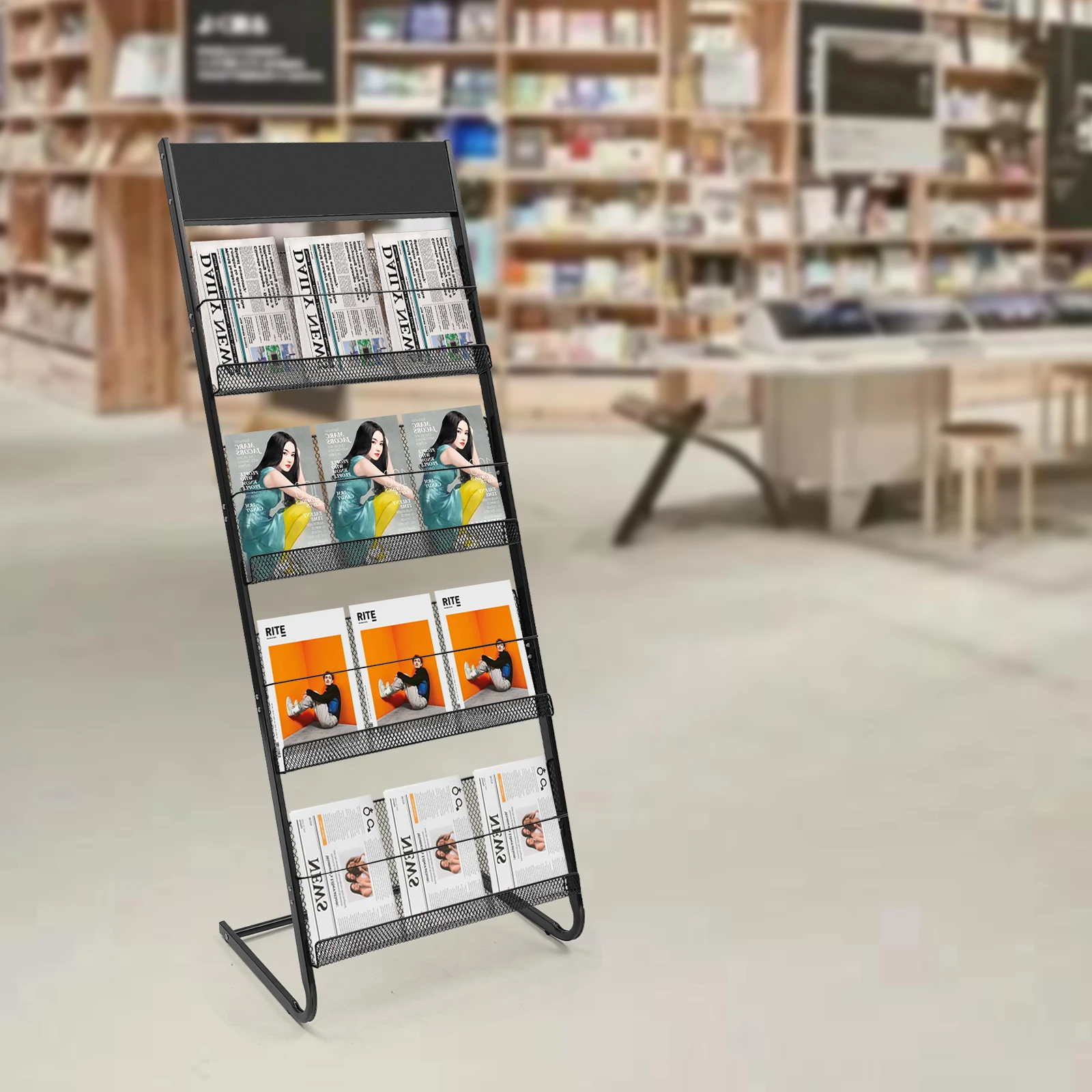 

4-Tier Floor Standing Magazine Rack, Modern Iron Periodical Holder for Living Room Organization, Black Storage Display Stand