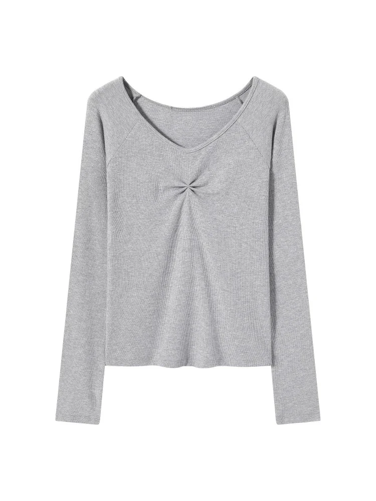 Solid Collarbone Revealing Pleated Base Layer Top 2026 Autumn Winter Women's T-Shirt Minimalist Slim Versatile Long Sleeve Tee