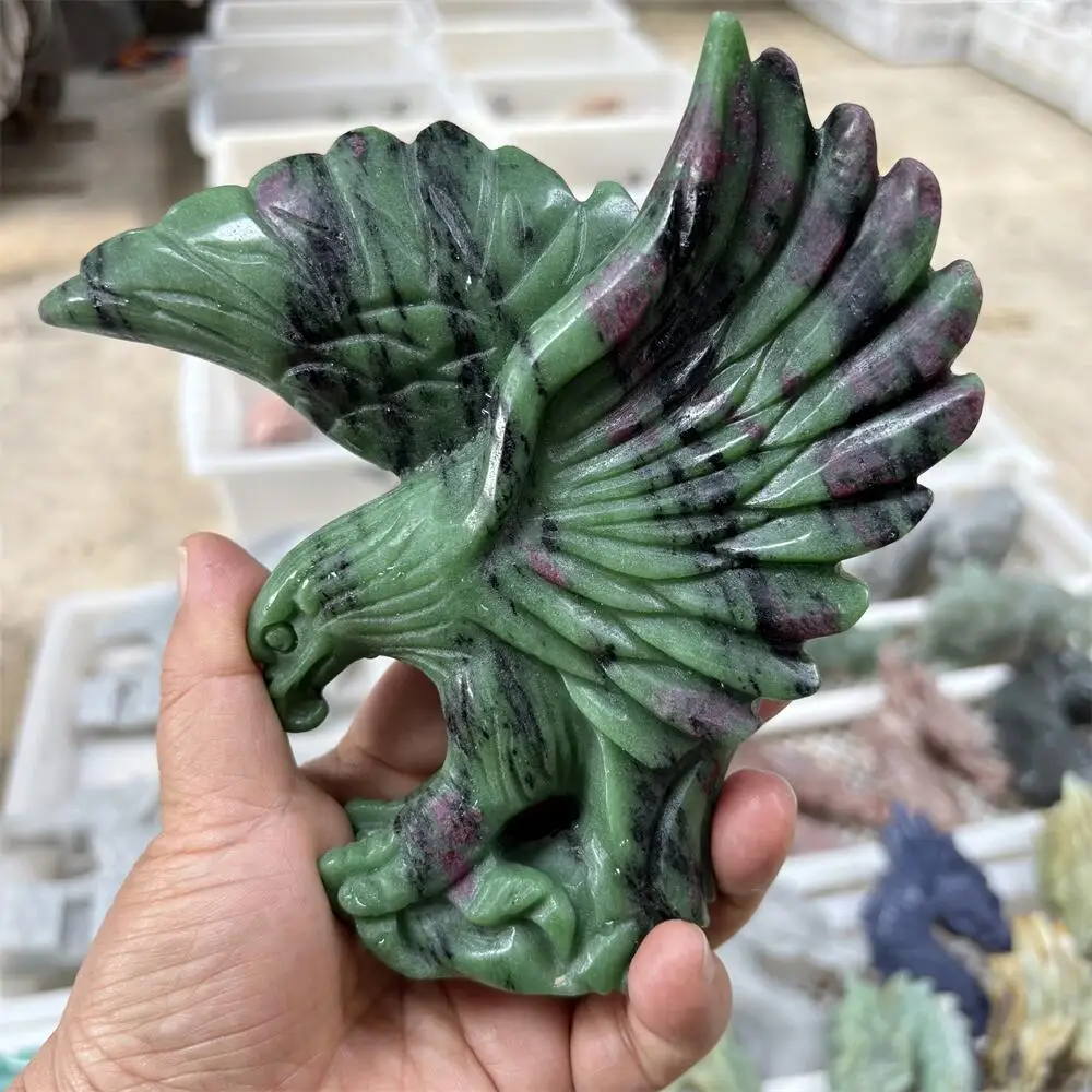 1PCS Natural Quartz Ruby in Zoisite Carved Eagle Polished Reiki Healing Crystal Feng Shui Energy Room Decor High-Quality Gift