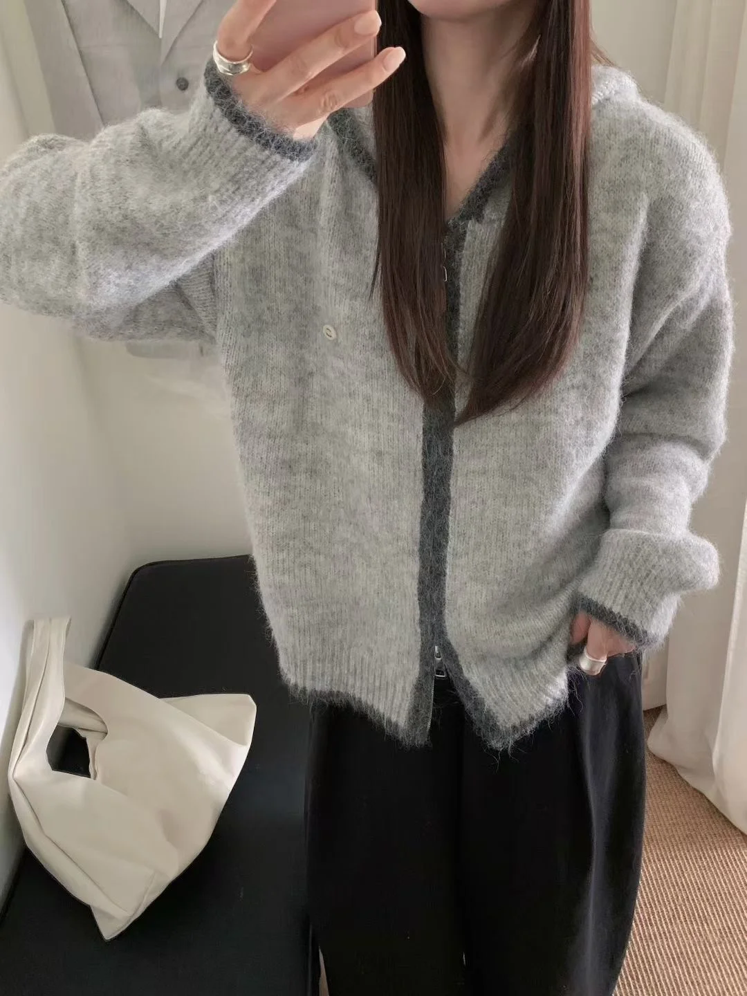 الكورية Sle لينة Plu يشعر تقسم اللون مقنعين سترة مشغولة من الصوف أوائل الخريف تصميم الصدر قطعة حديد صغيرة المرأة جا... #1