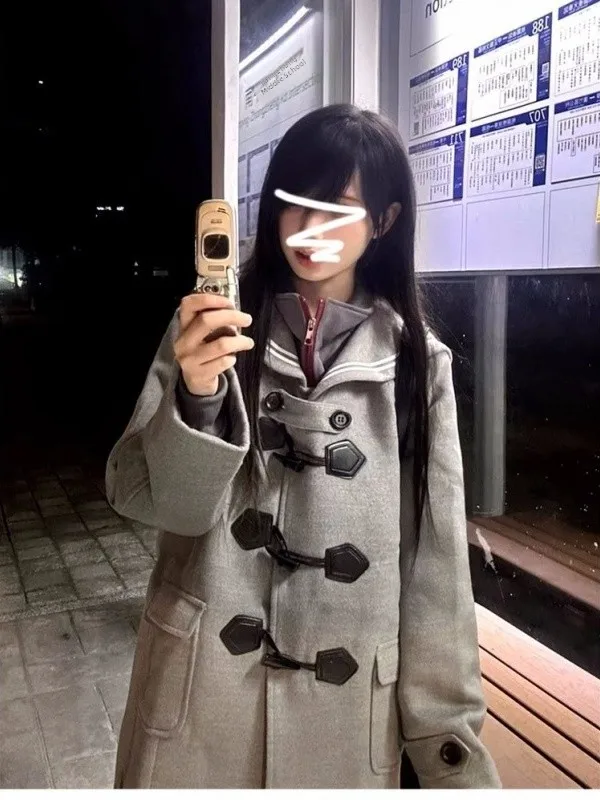 

Winter Thiened Navy Collar JK Woolen Coat Women's Mid-Length Button-Up ey Tweed Jaet College Sle Outerwear