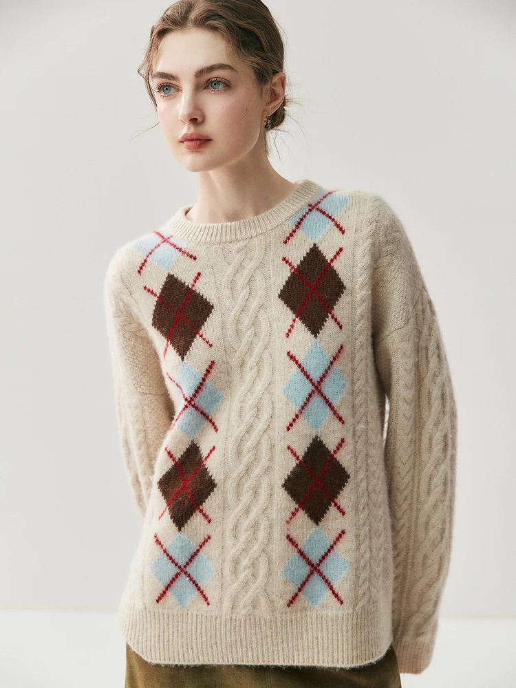 

Легкий роскошный пуловер из 100% чистого кашемира, осенне-зимний женский свитер с круглым вырезом Classi Argyle, вязаное пальто, толстое, теплое, свободное, в стиле ретро