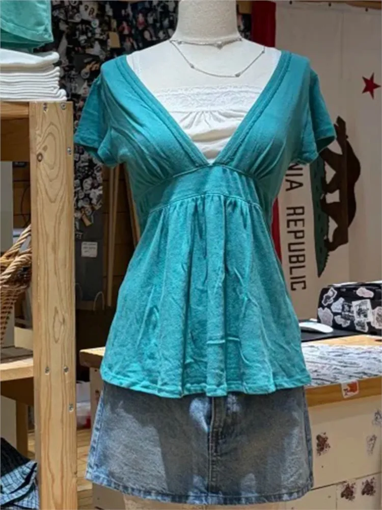 Turquoise Deep V-neck Fold T-shirts Women Casual Cotton Short Sleeve Slim Tee Shirts Vintage Simple All-match Long Tshirt Y2K