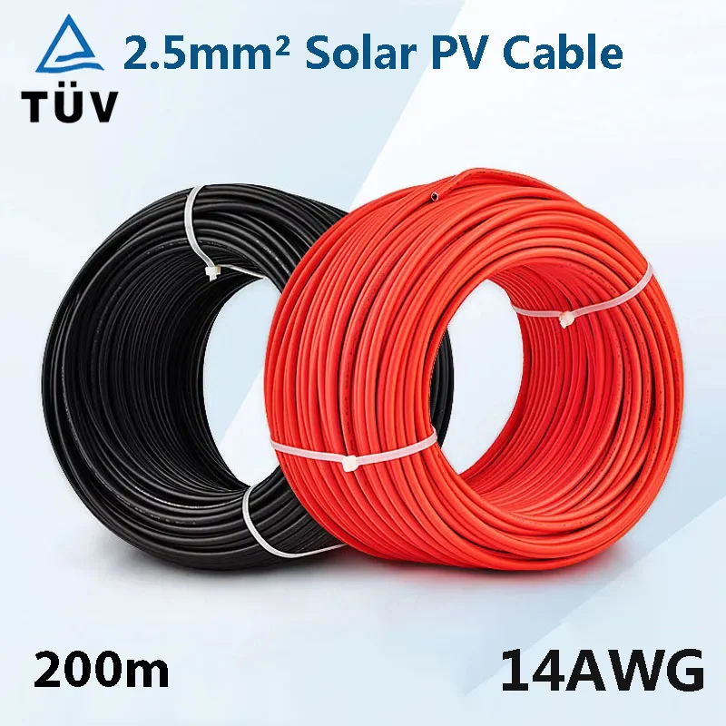 2.5mm2 Solar Power Cable PV Photovoltaic Cable 14 AWG PE Tinned Copper TUV Cable For PV Panels Connection 200m 200Meters