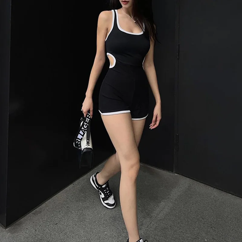 Women's Hollow Color Blocked Edge Sports Body Shaping Sexy Straight Leg Shorts Jumpsuit Trendy E5652