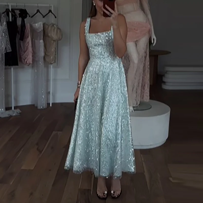 Shiny Sequins Mesh Halter Long Dresses Fashion Temperament Sleeveless Evening Dresses Elegant Party High Waisted Pleated Dress