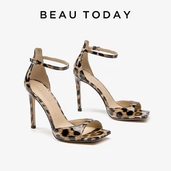 BEAUTODAY Pumps Women Genuine Cow Leather Thin Heel Leopard Print Buckle Strap 2024 Ladies High-Heeled Shoes Handmade 31273