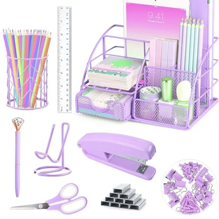 

Purple Desk Organizers and Accessories Office Supplies Set Stapler Pen Holder Phone Holder Scissors Pen Ruler 30 Paper Clips 22