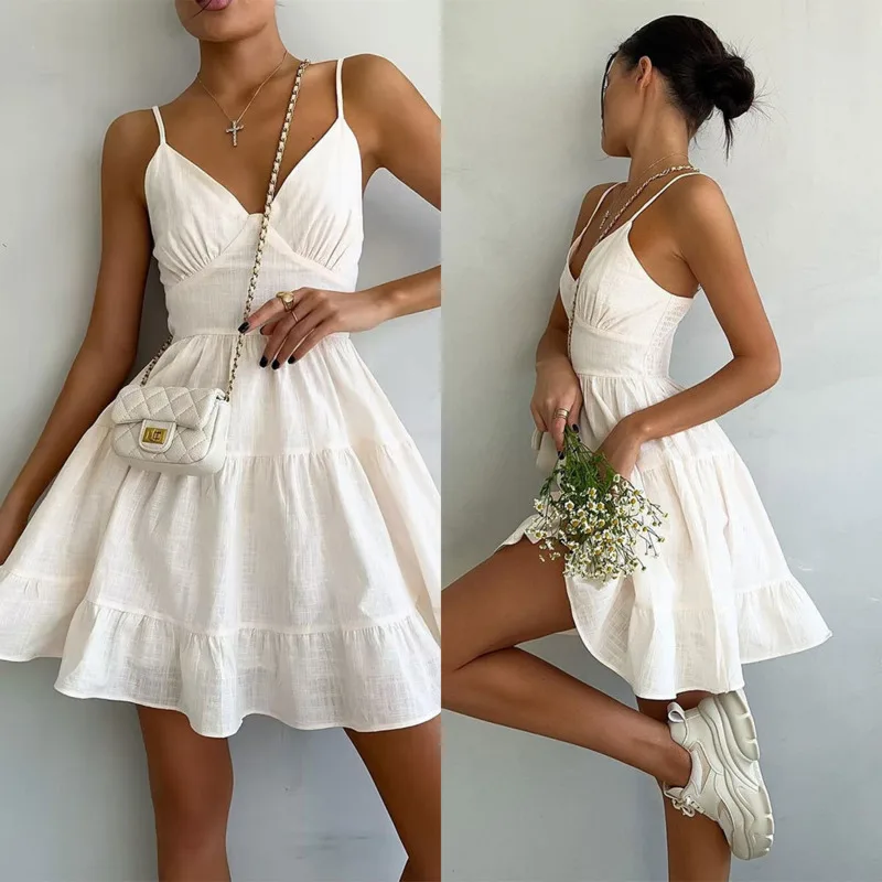 

Wolfeel Women’s Linen Cotton A-line Dress Vintage V-neck Sling Camisole Sexy Hot Girl Ruffles Dress For Spring Summer Fashion