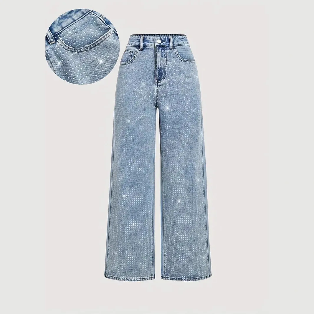Women Diamond Studded High Waist Straight Wide Leg Simple Basic Casual Jeans Pants European Style New Fashion Denim Trousers