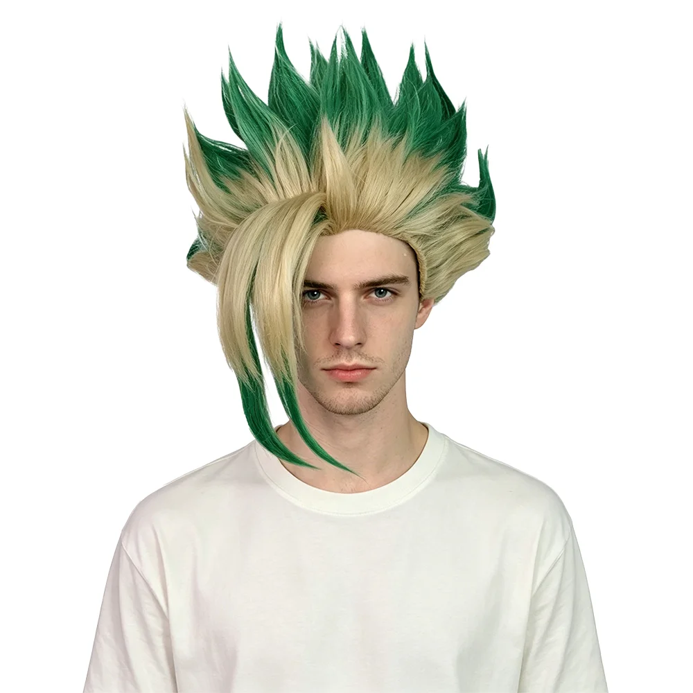 

Dark Green Light Blonde Two Tone Short Wig Spiky Anime Cosplay Unisex Heat Resistant Synthetic Wig For Halloween Party Role Play
