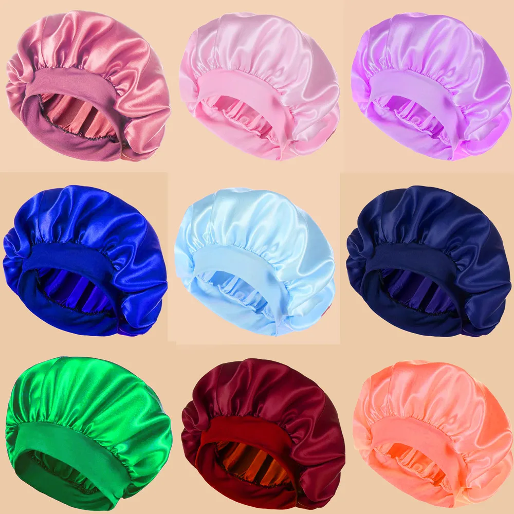 1pc Women\'s Solid Color Satin Wide-Brimmed Shower Cap, Suitable For Daily Use Silk Bonnet Satin Bonnet