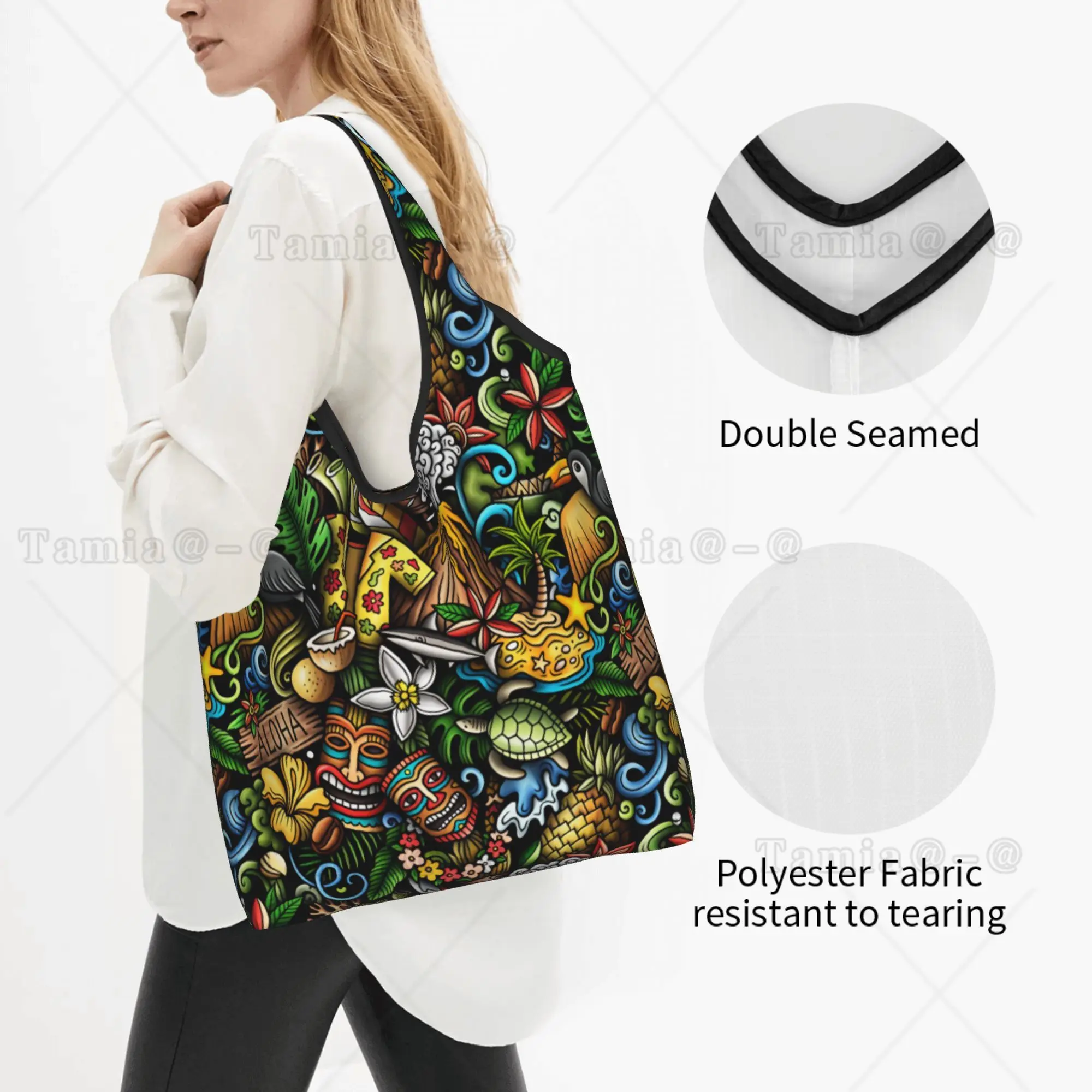 Tiki Mask Tropical Plants And Flowers Grocery Shopping Tote Bag Funny Hawaiian Style Palm Monstera Shopper Shoulder Bag Handbags
