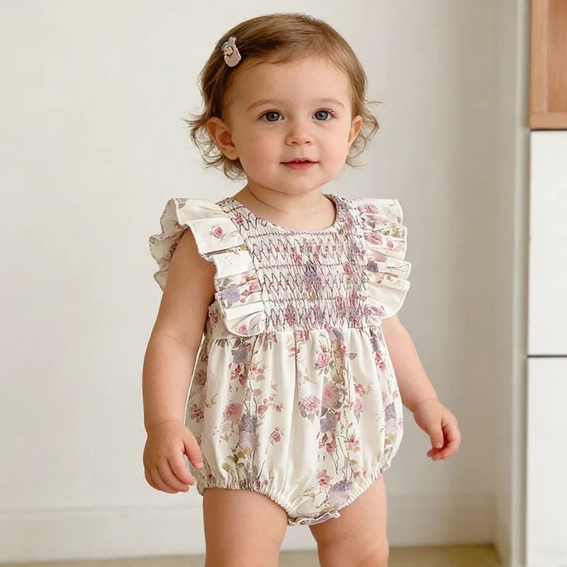 

Summer Floral Print Baby Girl Romper GOOD Crawling Suit with Pinafore for Newborn Triangle Design Sleeveless Wrap-On Onesie