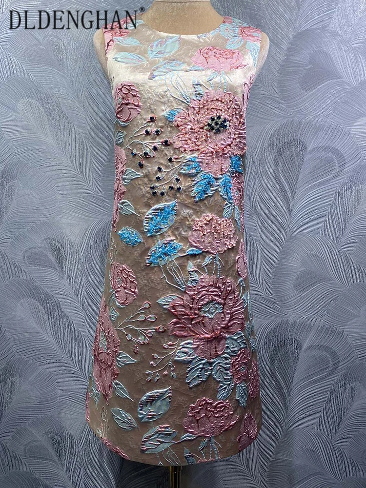 DLDENGHAN ชุดเดรสสั้นผ้าแจ็คการ์ดประดับลูกปัดสำหรับผู้หญิง คอลเลคชั่นต้นฤดูใบไม้ร่วง แฟชั่นเสื้อผ้าสตรี