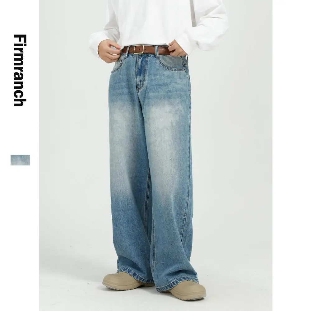 Firmranch Fall/Winter Men/Women Retro Blue Loose Straight Long Jeans 90s Vintage Casual Trousers  All Match Korean Denim Pants