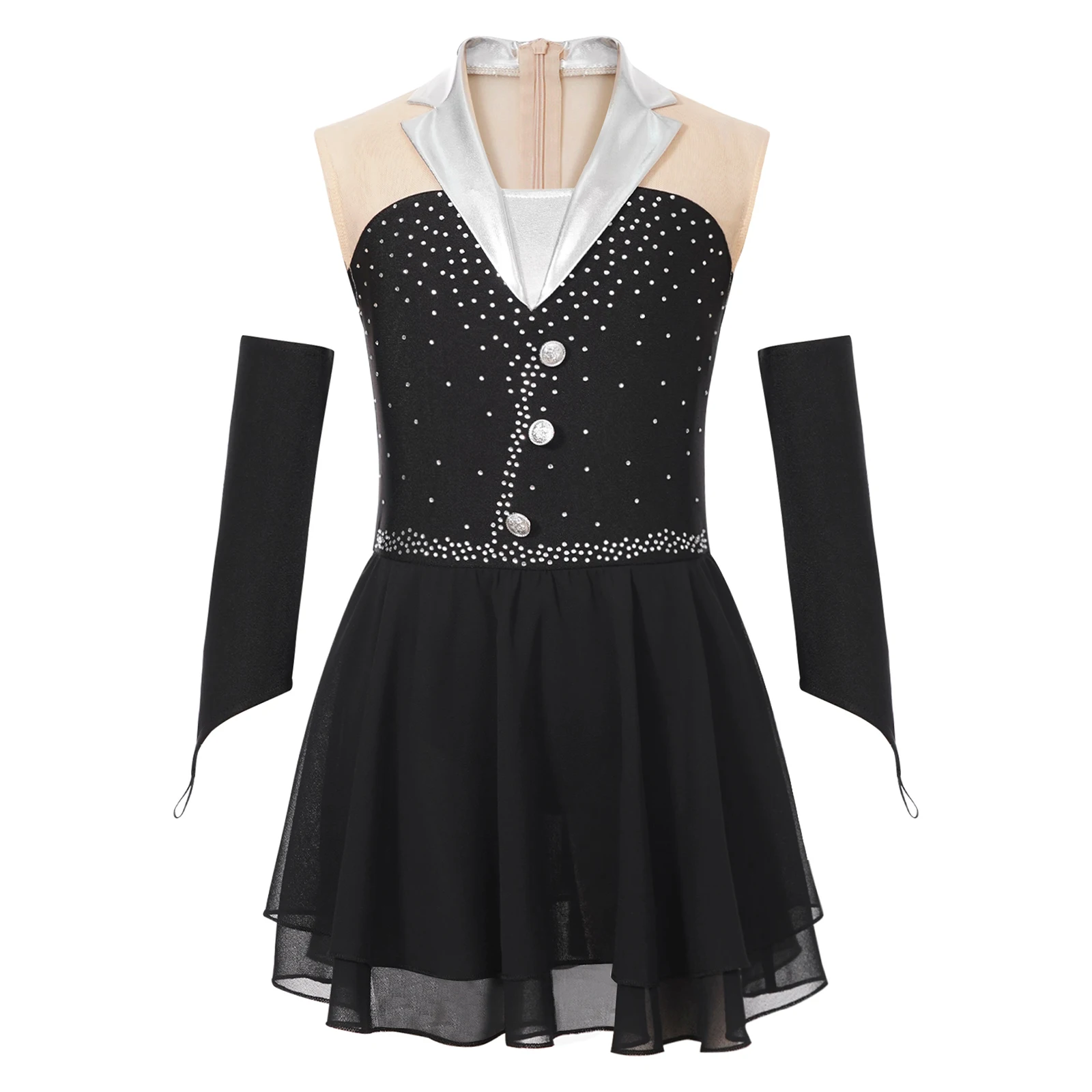 Kids Girls Sparkly Ballet Dance Tutu Dress with Fingerless Gloves Figure Skating Competition Costume Ballerina Dancewear